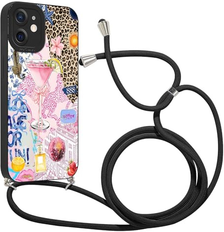 Coalbooliy Coque avec Cordon pour iPhone 12 6,1 avec Motif Léopard Noir Case, Aesthetic Silicone étui avec Collier Réglable Corde Souple TPU Antichoc Housse de Protection pour Femmes, 07