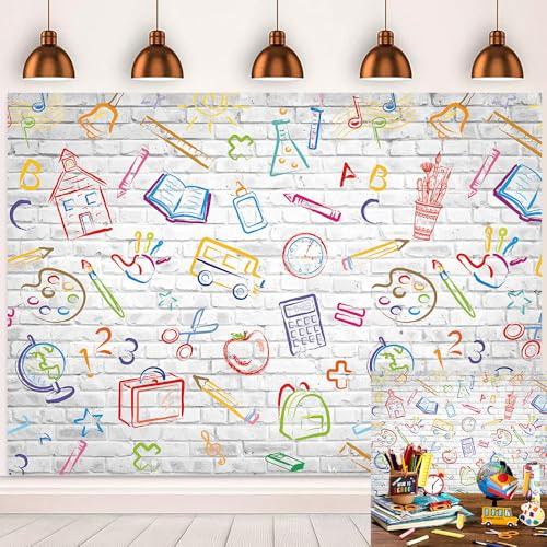 Back to School Backdrop First Day of School Hand Painted Pencils Books White Brick Wall Photography Background Online Teaching Party Decorations Background (7x5ft(84''x60''))