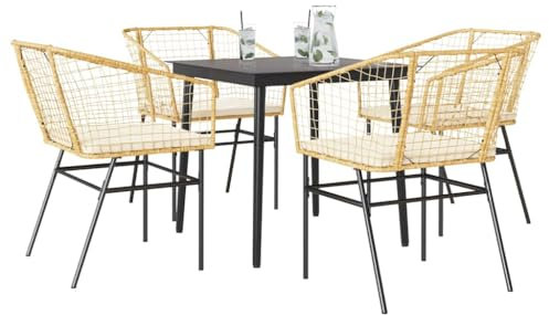 Homgoday 5-TLG. Garten-Essgruppe mit Kissen Braun Poly Rattan Glas Gartengarnitur Sitzgruppe Gartenmöbel Balkonmöbel Gartentisch mit Stühle Esszimmergruppe für Terrasse Balkon