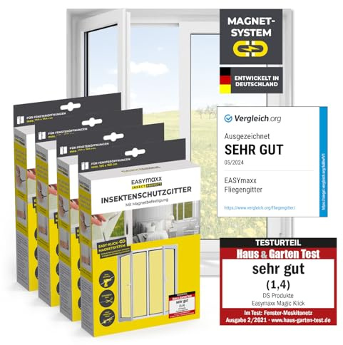 EASYmaxx Insect Protect Fliegengitter Fenster mit Magnetbefestigung | zuschneidbares Moskitonetz | Insektenschutz Fenster bis 150 x 180 cm | Mückenschutz Fliegennetz Magnet - leichte Montage [4 Stück]