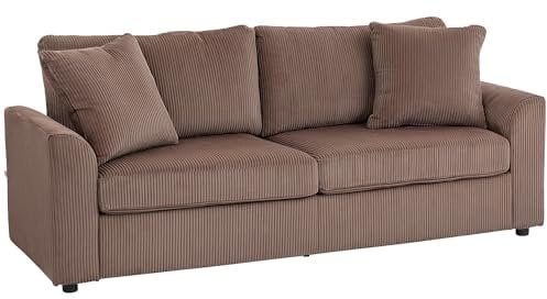 HOMCOM Modern 3 Seater Sofa with Spring Cushion, 212 cm Fabric Jumbo Cord Sofa Couch with 2 Scatter Cushions, Upholstered Corduroy Settee for Living Room, Bedroom, Home Office, Coffee
