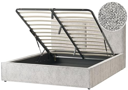 Beliani EU King Size Bed Frame 5ft3 Knit Velour Fabric Upholstery Slatted Base Storage Ottoman Black and White Moissac