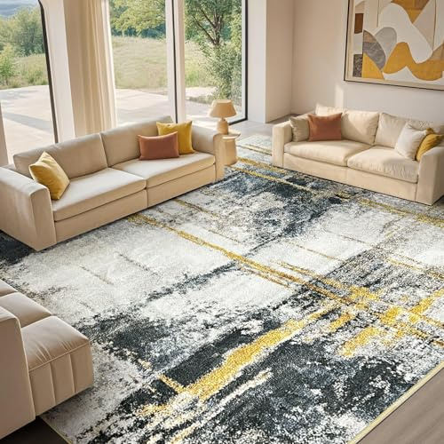 Großer Teppich Wohnzimmer 200x290 cm, Beige, Rutschfest, Abstrakt, Kurzflor | Moderner Teppich Grau & Gold, Weich & Waschbar, Großer Wohnzimmerteppich für Schlafzimmer, Esszimmer & Lounge