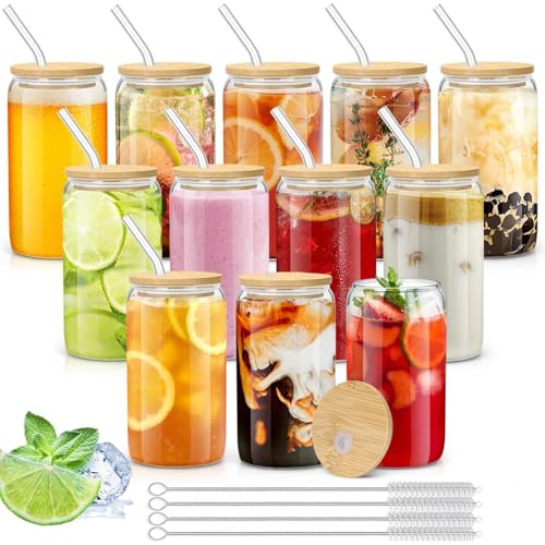RIZENCE 12Pack Glass Cups with Lids and Glass Straws, 17oz/500ml Iced Coffee Glass, Transparent Cute Tumbler Cup with Sealing Ring for Coffee, Smoothie, Soda, Cocktail, Beer, Juice, Garden Party