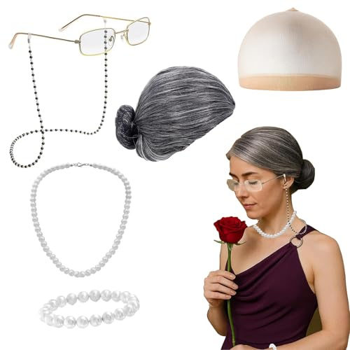 5 Stück Old Lady Kostüm Großmutter Cosplay Zubehör Set Oma Perücke Perücke Kappe Oma Brille Brillen Ketten Armband Perlenkette, Alte Dame Cosplay Set Kostümzubehör
