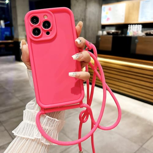 Yichxu Coque pour iPhone 16 Pro Max avec Cordon, Protection de Caméra Silicone Liquide Souple Housse avec Corde, Antichoc Étui avec Collier Réglable Lanyard pour Femmes Filles, Rose Rouge
