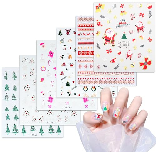 WD&CD Nagelsticker Weihnachten Glitzer 6 Blatt Nail Art Sticker Selbstklebend Nagelaufkleber Schneeflocke Weihnachten Winterurlaub Dekoration Nageldesign Zubehör - Bunt