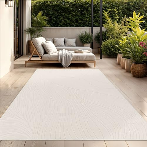 TT Home Outdoor Teppich Rund 160 cm Creme, Wetterfest & Robust Japandi Skandi Design mit Geometrischer 3D-Optik, für Terrasse & Wohnzimmer