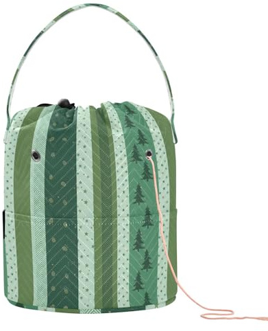 GuoChe Weihnachtlich grün gestreifter Baum Tannenzapfen Stern Garn Taschen Garn Taschen Häkeln Tragbare Aufbewahrungstasche für Häkeln, Reisen
