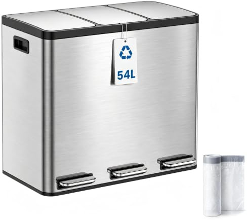 YEAUPE PRO Mülleimer Küche 3x18L, 3 Fächer, 54L Edelstahl Treteimer | Mülltrennungssystem, Abfalleimer mit Soft Close Deckel, Herausnehmbare Inneneimer, Küchenabfalleimer inkl. 15 Müllbeutel