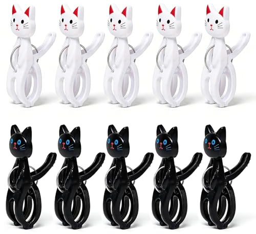 10 Pièce Grosse Pince à Linge avec Motif Chat Grandes Pince Serviette Plage | Noir Blanc Pinces à Linge Antidérapantes en Plastiquede 11 cm pour Vêtements Serviettes et Courtepointe Usage