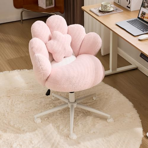 Bonnlo Fauteuil Pivotant, Chaise Coiffeuse, Fauteuil Relax, Chaise de Bureau Ergonomique, Fauteuil avec Dossier en Forme de Fleur, pour Salon, Bureau, Chambre, en Peluche Teddy, 2 Couleur (Rose&Blanc)