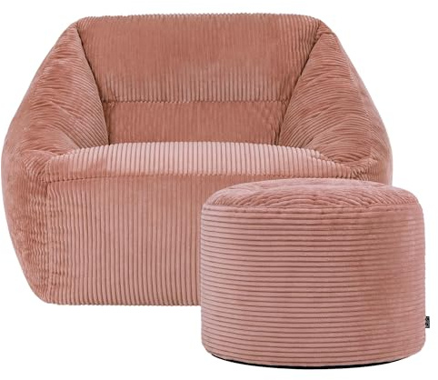 Icon Natalia Sitzsack Sessel und Hocker mit Füllung, Rosa | In Deutschland Hergestellt, Sitzsack Erwachsene, Flauschiger Cord Stoff, Riesen Sitzsack Cord für Wohnzimmer und Schlafzimmer