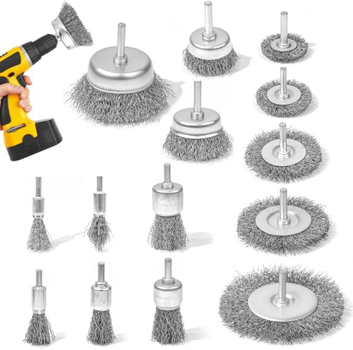 14 Pezzi Spazzole Metalliche per Trapano, 6mm Albero Tondo Spazzola di Ferro per Trapano, Set di Spazzole per Ruote e Tazze per Pulizia Sverniciatura Ruggine Ferro Metallo Legno