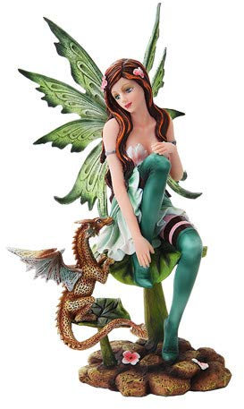 10 Inch Green Winged Fairy Sitting with Baby Dragon Statue Figurine by PTC