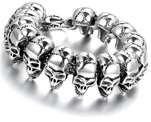 Flongo Herrenarmband Männer Armband Armreif Biker Kette, Groß Schwer Edelstahl Armband Link Handgelenk Silber Schwarz Totenkopf Schädel Rock Gotik Biker Schmuck Herren-Accessoires