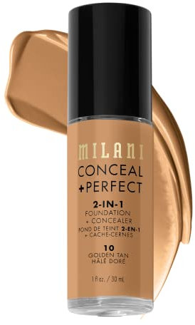 Milani Conceal + Perfect 2-in-1 Foundation + Concealer – Golden Tan (35 ml). Tierversuchsfreie flüssige Grundierung – deckt Augenringe, Hautunreinheiten und Hautverfärbungen ab für einen makellosen