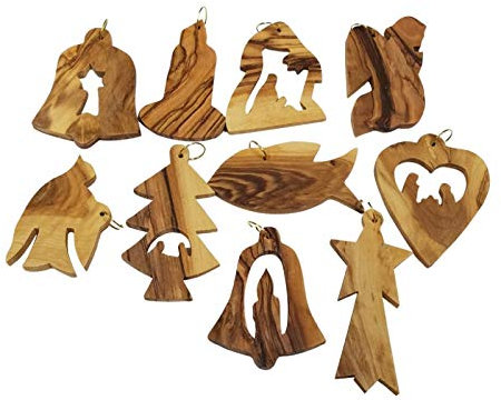 Bethlehem Gifts TM Certificated Assorted Bethlehem Olive Wood Christmas Tree Ornaments (Set of 10)