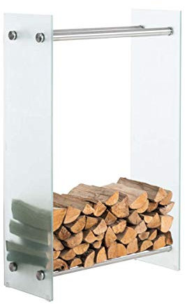 CLP Kaminholzregal/Kaminholzständer Dacio aus Milchglas I stabile Konstruktion I Holzlager I modernes Glasregal mit Bodenschonern, Farbe:Edelstahl, Größe:35x80x100 cm
