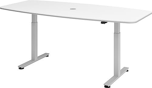 Bümö elektrisch höhenverstellbarer Konferenztisch weiß 220x103 cm - Besprechungstisch rund-oval, grosser elektrischer Meeting-Tisch höhenverstellbar für Konferenz & Besprechungsraum