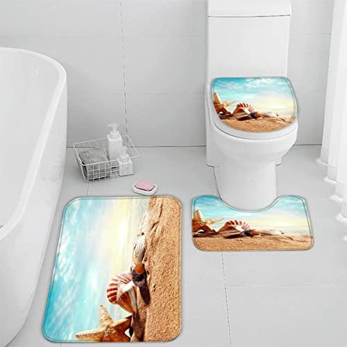 TiaoTian Badematten Set 3 teilig 50x80 Küstenstrand 3D Badezimmerteppich Set WC Vorleger Set rutschfeste Badematte Maschinenwaschbar Badteppich Set für Badezimmer badvorleger Seestern Schale