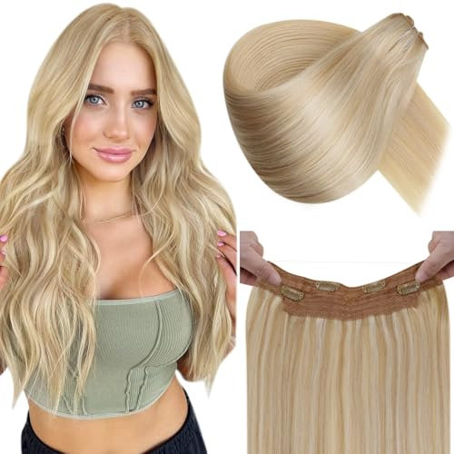 LaaVoo Invisible Wire Haare Extensions Echthaar Blond Extensions Echthaar mit Draht Highlighted Goldbraun mit Hellblond Remy Fish Line Extensions Echthaar Natürlich 100g #P12/24 50cm