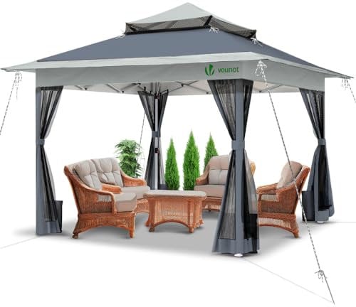 VOUNOT® Gazebo 3.6x3.6m Pieghevole con 4 Parti Laterali in Rete, Gazebo da Giardino Tenda Padiglione Pop Up Doppio Tetto, con Sacchi di Sabbia di Peso e Sacca di Trasporto, Colore Grigio