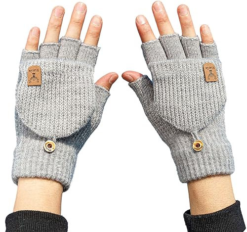 EUDUQ Winter Warme Handschuhe,Fingerlose Flip Handschuhe,Convertible fingerlos Mädchen handschuhe, Handschuhe ohne Finger,Strick Half Fingerfür Gloves für Damen und Herren Grau