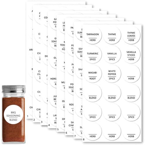 8 Sheets Round Herb and Spice Jar Labels Waterproof Spice Jar Labels 144 Pcs Jar Labels Pre Printed Spice Labels for Jars Perfect for Kitchen Pantry Storage and Organisation