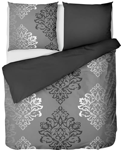 LINKHOFF Biber Bettwäsche 135x200 cm - Wendebettwäsche 100% Baumwolle Ornamente - Unifarben Anthrazit - Winter Feinbiber Bettbezug + Kissen 80x80cm