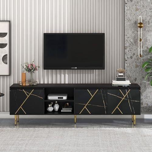 Merax Lowboard fernsehtisch Fernsehschrank TV-Schrank für 90-Zoll-Fernseher mit 3 Türen und modernem Schwarz-Gold-Design