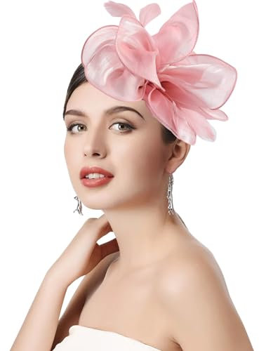Risipu Chapeau bibi à plumes pour femme, avec voile et pince à cheveux pour cocktail, mariage, église, rose, taille unique