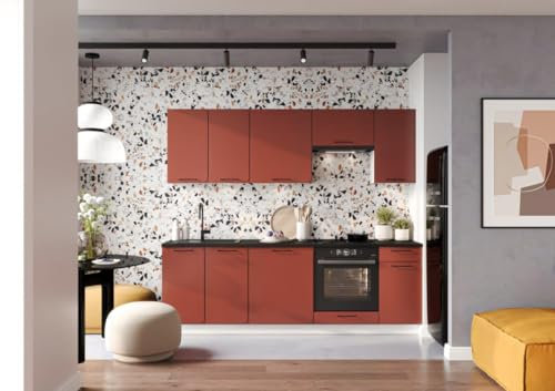 JUANIO Cocina Completa Katy 8 Elementos Color Rojo Mate con Encimera incluida - Longitud 240 cm