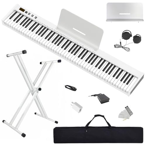 Longeye Piano Eléctrico 88 Teclas–Teclado Piano y Portátil con Soporte, Semicontrapesadas, Pedal de Sustain, Atril y Bolsa de Transporte–Blanco(Slim-88)