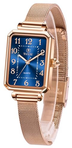 Taxau Women's Watches Blue Face Square Ladies Watch Rose Gold Stainless Steel Mesh Band Watches for Women Waterproof Elegant Wrist Watch Classic Arabic Dial Woman Watch