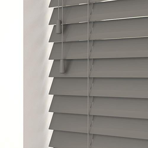 Smooth Grey Faux Wood Venetian Blind 50mm Slats - 110cm Width x 120cm Drop | Fine grain Smooth Grey faux wood Venetian blind with strings. 50mm slats. 110cm width x 120cm drop. Moisture resistant.