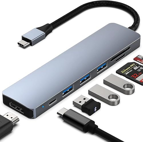 Hub USB C 7 en 1 - Adaptador Hub Multipuerto USB-C HDMI, Compatible para iPhone 15 Pro MAX MacBook Pro/Air, Lector de Tarjetas SD/TF/USB 3.0/60W