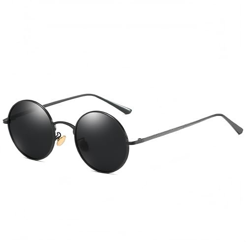 WDZAYXC Retro Runde Metallrahmen Sonnenbrille für Damen und Herren,UV400 Schutz (schwarz/schwarz)
