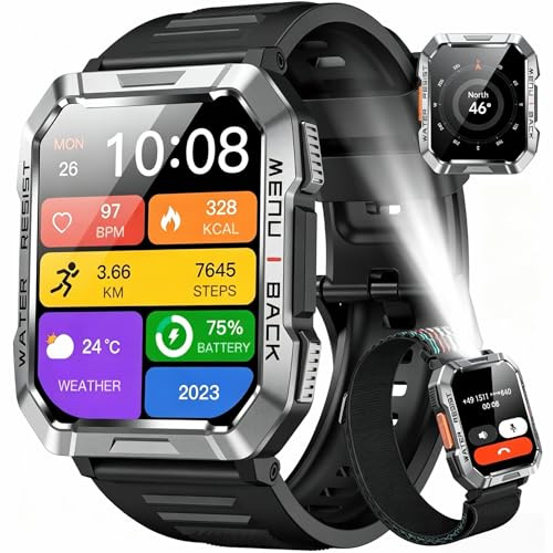 Blackview Rugged Military Smart Watch for Men | 100-Day Ultra-Long Battery | LED Torch & Compass｜Bluetooth Calling｜Health Monitor｜120+ Sports｜2.01 HD Screen｜IP68 Waterproof ｜Works with iOS & Android