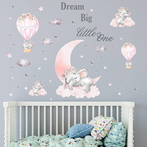 SHUCHING Wandtattoo Rosa Elefant, Wandaufkleber Heißluftballon Mond Sterne Wolken, Wandsticker für Wohnzimmer Schlafzimmer Kinderzimmer Babyzimmer