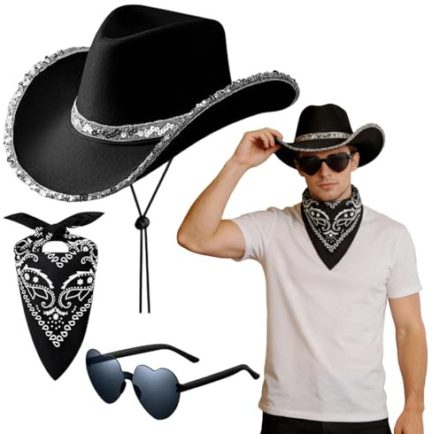 SJDOFU Cowboyhut Zubehör Set, 3 Stück Cowboy Outfit Kit Schwarz | mit Cowboyhut Herzförmiger Sonnenbrille Bandanas Cowboyhut Accessories