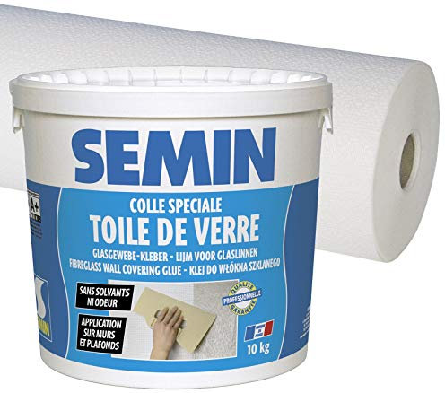 Semin A01541 Colle en Pâte pour Toiles de Verre Prête à l'Emploi, Seau de 10 kg et Semin A00767 Sem Crepi Eco C 103, Toile de Verre pour Murs et Plafonds, Motif Crépi, Intérieur, 50 m x 1 m