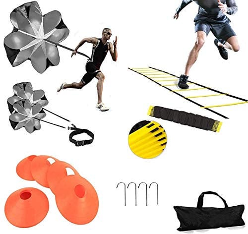 XINXIANG Speed Agility Training Kit-Includes Agility Ladder, 5 Round Training Cones,Resistance Parachute, 4 metal Stakes & Carrying bag, football ladders for Faster Footwork and Better Movement Skills