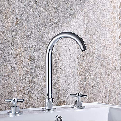 Robinet Lavabo 3 Trous Laiton Type Fendu Double Poignée Chaud et Froid Rotatif Mitigeur Lavabo Salle de Bain-Chrome