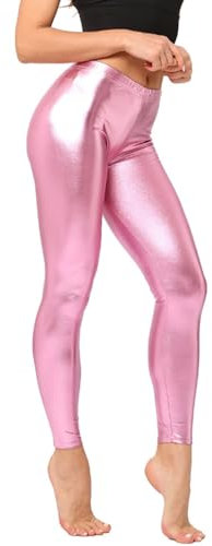 Kaerm Metallic Hose Damen Lang Glänzend Lack Leggings Stretch High Waist Strumpfhose Tanzhose Treggings Tight Pants Dancewear Rosa One Size