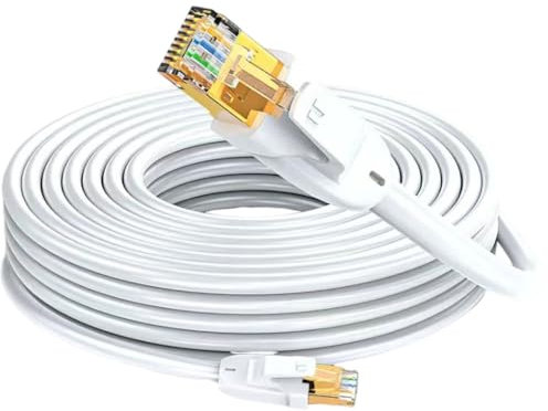 Elfcam® - 25m Cat7 Câble Réseau Ethernet RJ45, LAN/WLAN Câble Cat 7 Paire Torsadée Blindée SFTP 100% Cuivre, Câble Rond, Blanc (25M)
