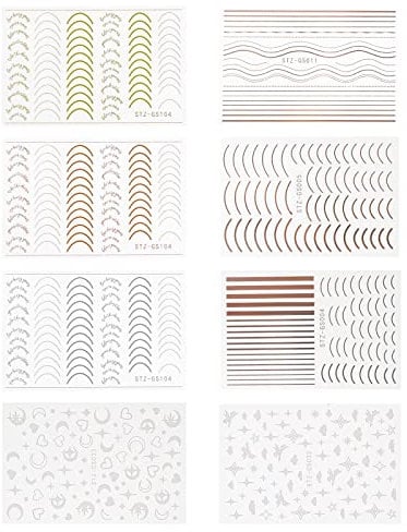 Be In Your Mind 8 Sheets Nail Art Stickers Decals Self-Adhesive Metallic Line Curve Stripe Moon Star Clould Love Heart Patterns DIY Nail Decoration Supplies for Home Use and Nail Salon