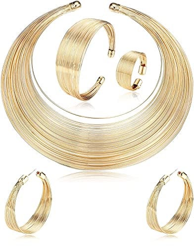 JeweBella 5 Stücke Halskette African National Statement Damen Armband Manschetten Offenes Bib Mode Schmuck Set Creolen Ohrringe Frauen Ringe Gold/Silber Statement Chunky Halsketten