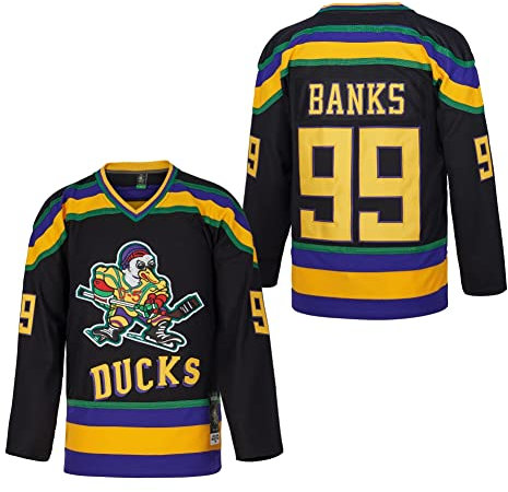 D-5 Herren Mighty Ducks Trikot #33 Goldberg #66 Bombay #96 Conway #99 Banks Trikot, Film Eishockey Trikot für Herren S-XXXL, #99 Schwarz, XL