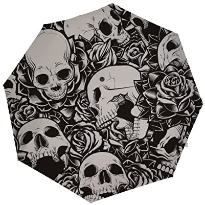 Winddichter faltbarer Reise-Regenschirm Automatischer Vintage Schwarz Grau Totenkopf Verstärkter Regenschirm UV-geschützt, Regenschirm121678